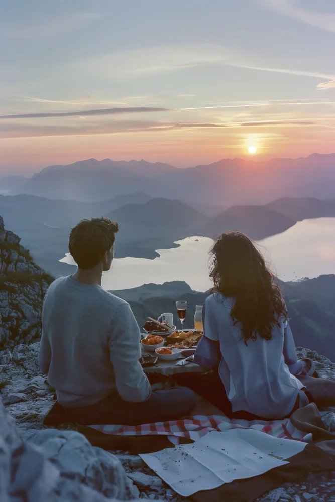 Couple watching the sunset by the sea