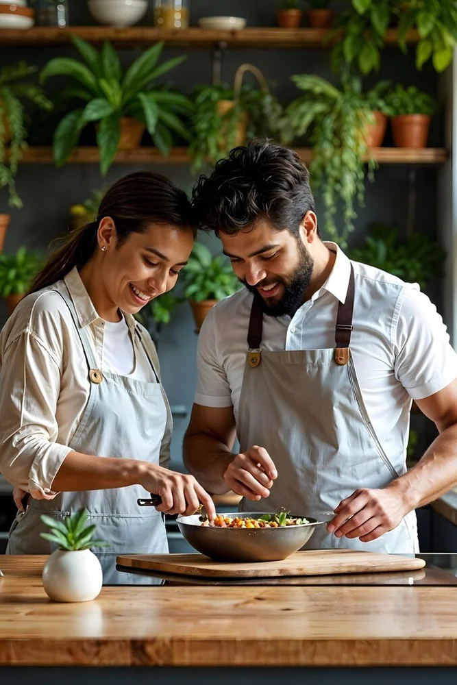 Couple cooking together in their kitchen